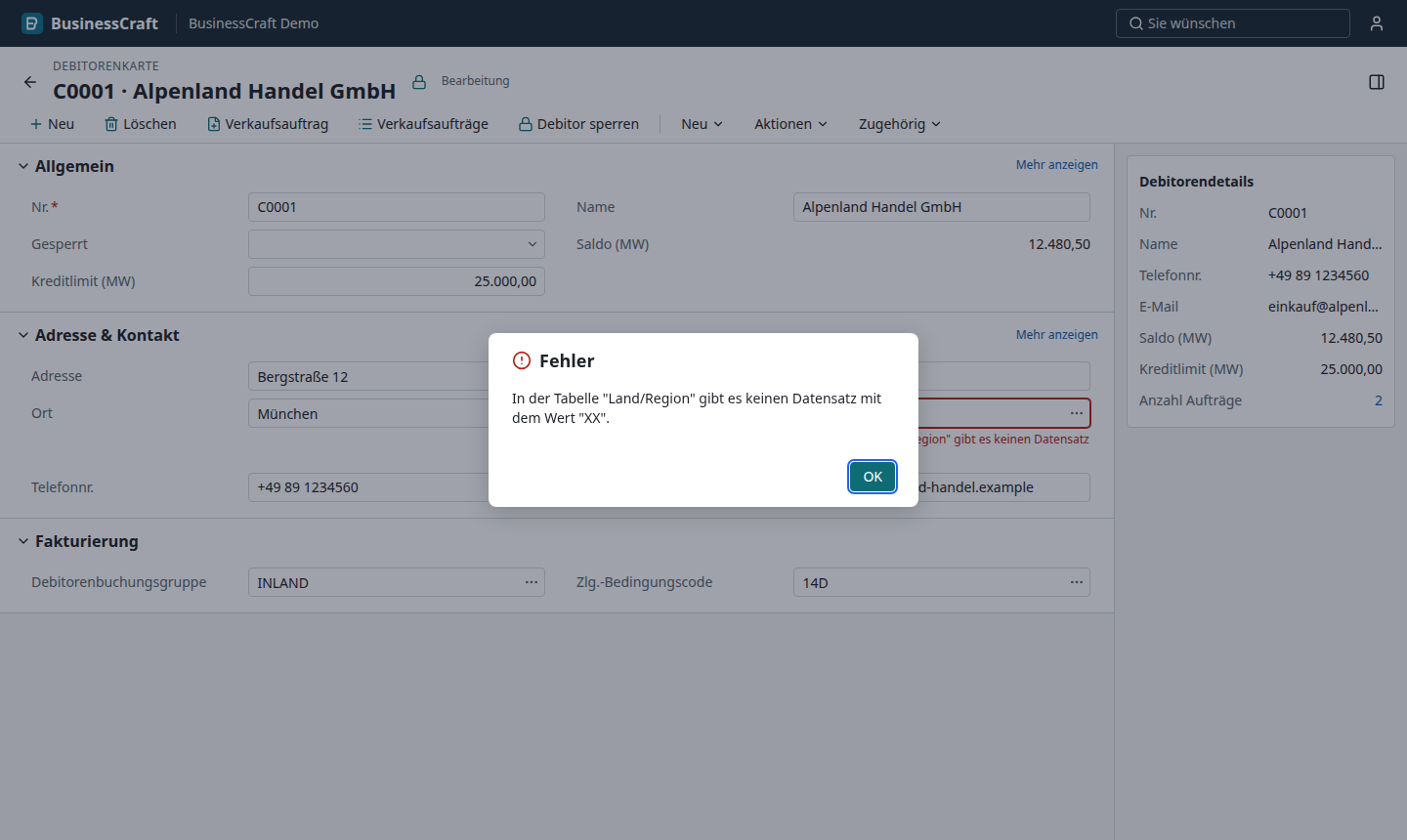 BusinessCraft customer card with a validation error