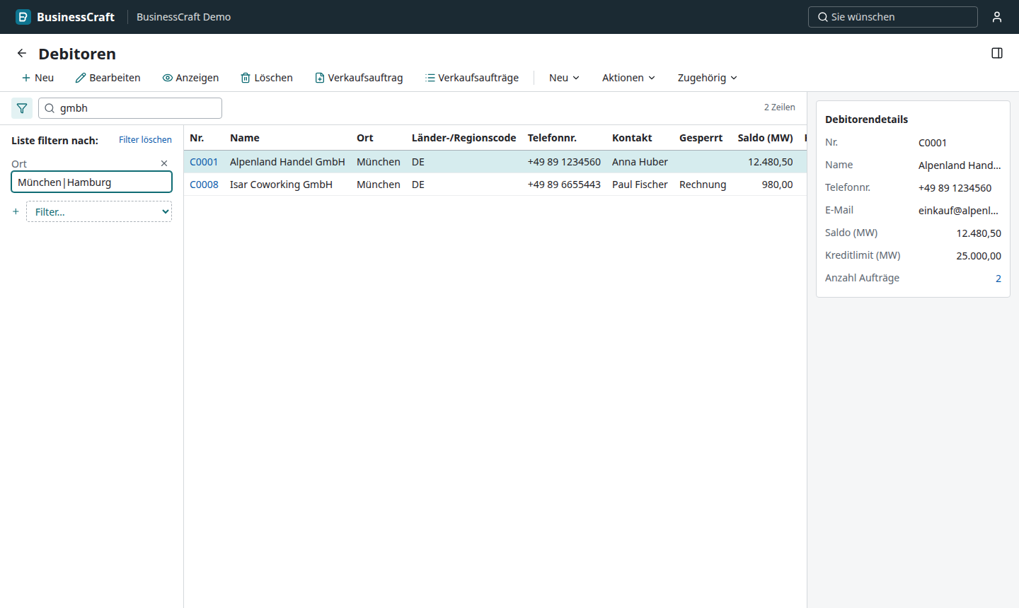 BusinessCraft customer list with search and filter pane